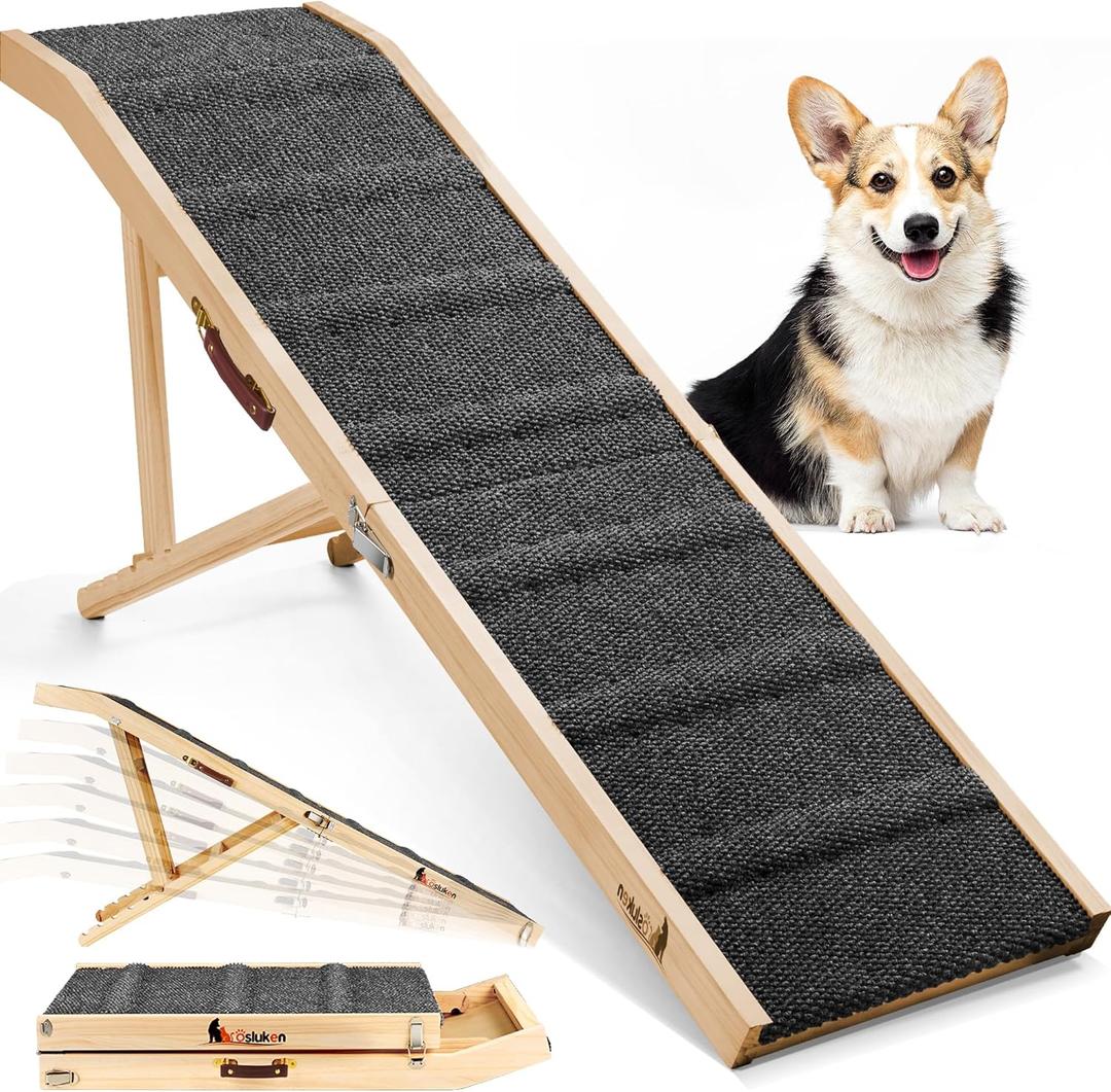 Dog Ramp for Bed, L64 W17 Foldable Pet Ramp for Small Large Dogs Cats, Dog Ramps for High Beds Car, High Traction with Platform 6 Adjustable Heights 24" to 30" Up to 220LBS, Wood (Black, 64"X 17")