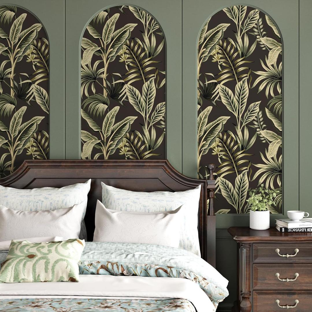 WESTICK Black Green Peel and Stick Wallpaper Floral Contact Paper for Walls Vintage Botanical Wallpaper for Bathroom Bedroom Living Room Accent Wall Removable Tropical Wallpapers Roll 17.5"x100"
