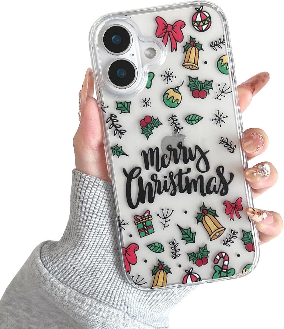 XIZYO Christmas Phone Case for iPhone 16, Cute Merry Christmas Pattern Clear Aesthetic Girls Kids Women Santa Slim TPU Shockproof Protective Case, Clear