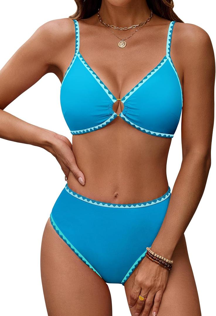 Blooming Jelly Womens Bikini Sets Color Block Two Piece Swimsuit O Ring Stitched Bathing Suit 2026, L