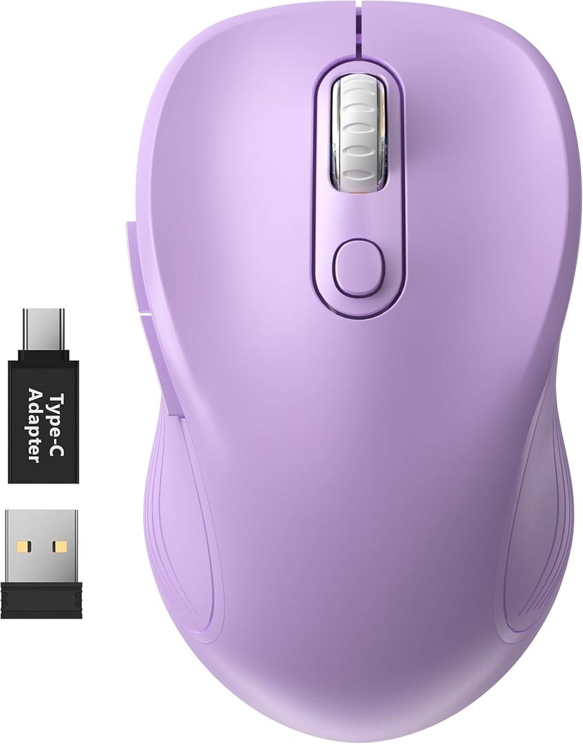 WisFox 2.4G Wireless Mouse for Laptop, Ergonomic Computer Mouse with USB Receiver and Type-C Adapter, 3 Adjustable Levels DPI, 6 Button Mice (Lilac)