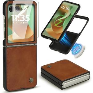 ASAPDOS Leather Folio Magnetic Case for Motorola Razr 2025 Ultra[Compatible with MagSafe],Built-in Screen Protector and PU Leather Thin Slim Protective Case Cover Brown