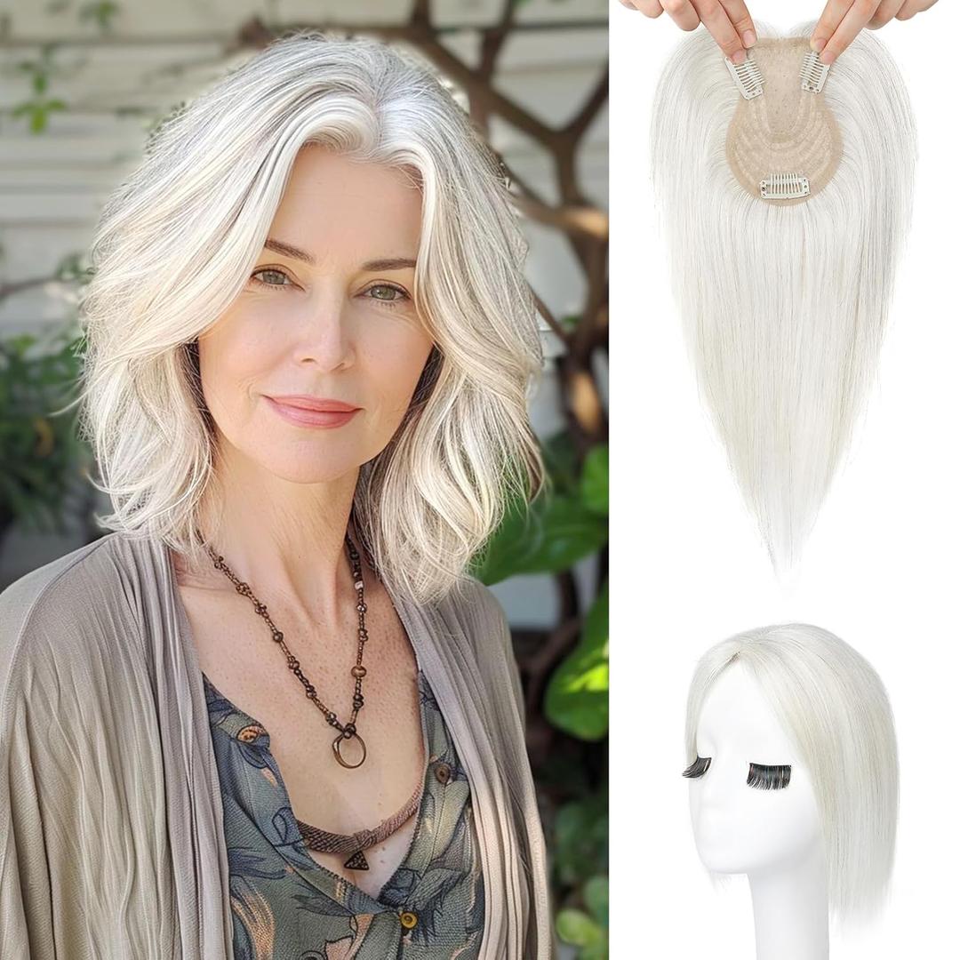 Flufymooz 100% Real Human Hair Toppers for Women, 10 Inch Clip in Human Hair Topper for Thinning Hair, 3603D Cover Clip in Bangs Natural Hairpiece With 4.5'' x 3'' Silk Base-Silver White