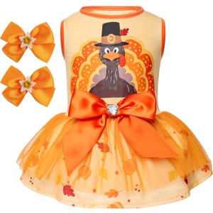 cyeollo Thanksgiving Day Dog Dress Turkey Small Puppy Clothes Tulle Dog Dresses Pet Costumes Holiday Doggie Outfit Girl, Size Medium