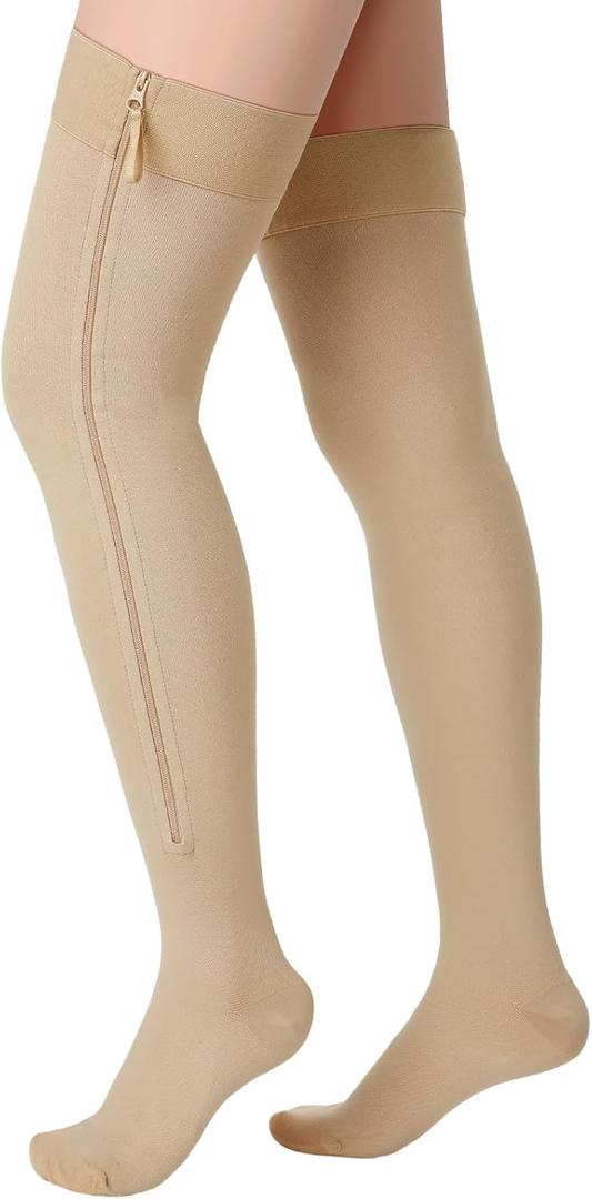 Sosation Thigh High Zipper Compression Socks 20-30 mmHg Zipper Compression Stockings Thigh High for Women Men Swelling Edema (Large, Beige)