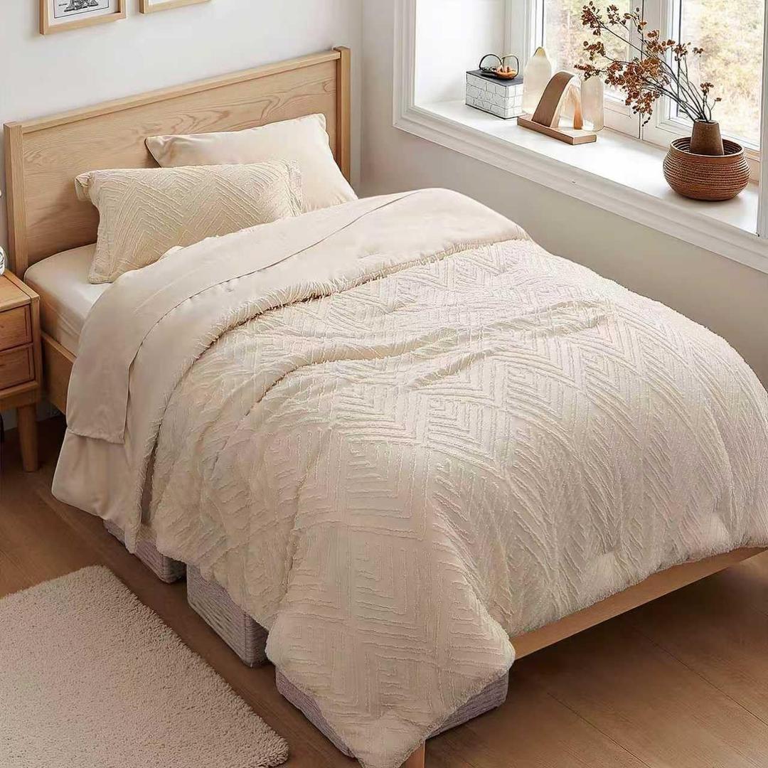 Zzlpp Twin Comforter Set 5 Pieces, Beige Tufted Bed in a Bag with Comforter, Pillow Sham, Pillowcase, Flat Sheet, Fitted Sheet - All Season Boho Bedding Sets