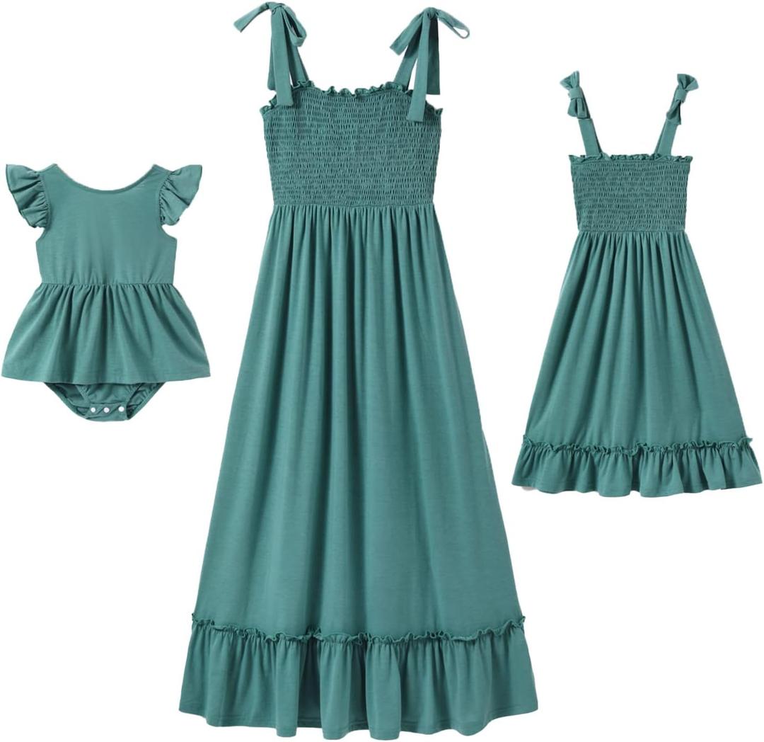 IFFEI Mommy and Me Dresses Summer Matching Outfits Spaghetti Strap Square Neck Ruffle A Line Beach Long Maxi Dress (3-6 Months, Green)