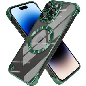 Frameless Magnetic Phone Case Compatible with iPhone 14 Pro Clear Minimalist Case Transparent Clear Plating Green Frameless Design Lens Protects Shockproof Case