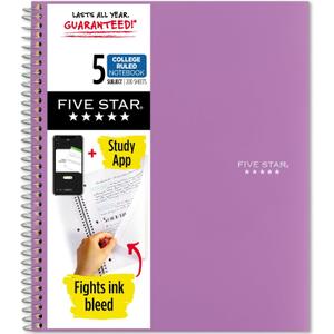 Five Star Spiral Notebook + Study App, 5 Subject, College Ruled Paper, 8-1/2" x 11", 200 Sheets, Fights Ink Bleed, Water Resistant Cover, Amethyst Purple (38748)