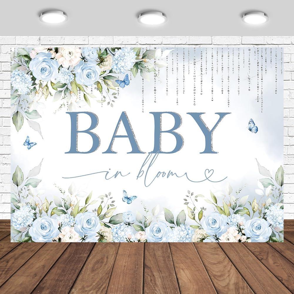 Baby in Bloom Backdrop 7x5ft Sky Blue Flowers Baby Shower Party Decorations Baby Girl's Floral Nature Theme Photography Background