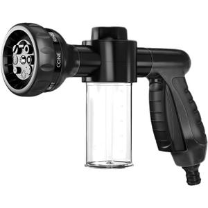 Wevdn Car Wash Nozzle, High Pressure 8 Adjustable Patterns Sprayer with Soap Dispenser, Universal Garden Hose Foam Nozzle for Car Washing and House Cleaning, Car Accessories (Black)