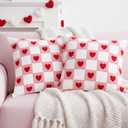 DN DECONATION White and Pink Checked Pillow Covers 18x18, Set of 2 Spring Decorative Throw Pillow Covers with Red Heart, Soft Plush Pillowcase for Couch Bed Sofa Living Room Home Decor Indoor