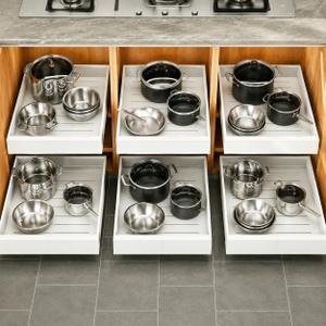 Pull out Cabinet Organizer, 6-pack, Expandable(12"-20") Heavy Duty Slide out Drawers Fixed with Adhesive Nano Film for Pots, Roll out Shelf Storage for Kitchen Base Cabinet Organization(3 Rails)