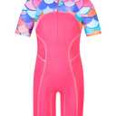 TFJH E One Piece Girls Bathing Suits Short Sleeve Swimsuits UPF 50+ Rash Guard Swimwear, 507 Scale Hotpink 8A