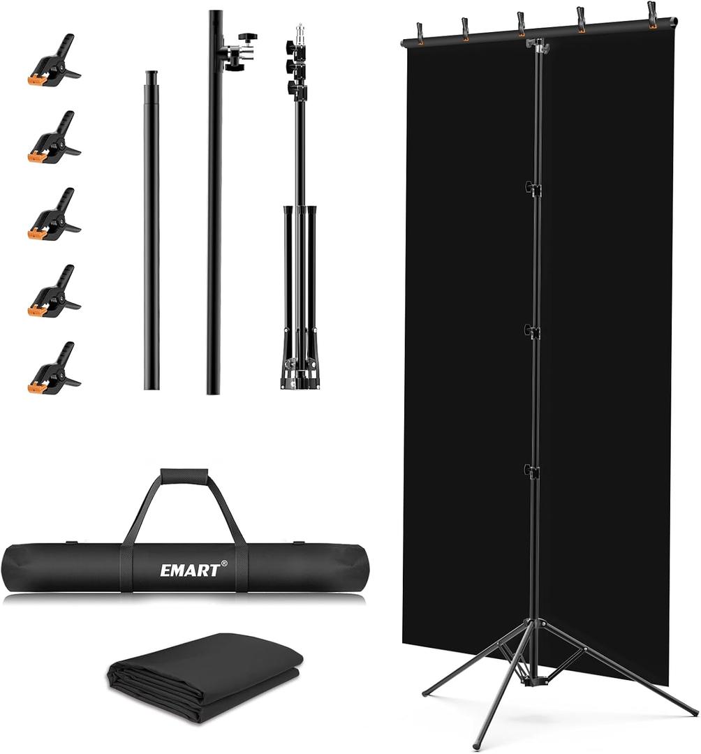EMART Black Photo Backdrop with Stand Kit 10x5ft, Photography Black Background Screen with Portable T-Shape Support and 5 Clamps for Video Recording, Meetings, Self Tape, 5x10ft