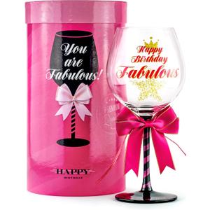 Happy Birthday Wine Glass for Women | Fun Gift Idea for Best Friend, Sister, Mom, Grandma, Aunt, Mimi, Teacher | Fabulous Any Age Bday Girl Present for Her | Big Glitter Decorated Glassware