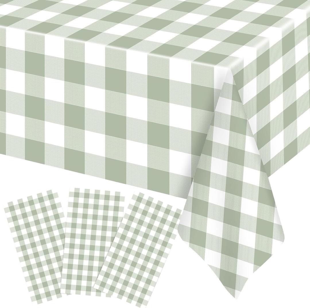 Ganeen 3 Pcs Green and White Checkered Tablecloths Disposable Plastic Gingham Table Cloths Waterproof Rectangle Plaid Table Cover for Christmas Wedding Picnic Birthday Party Decor, 54 x 108 Inch
