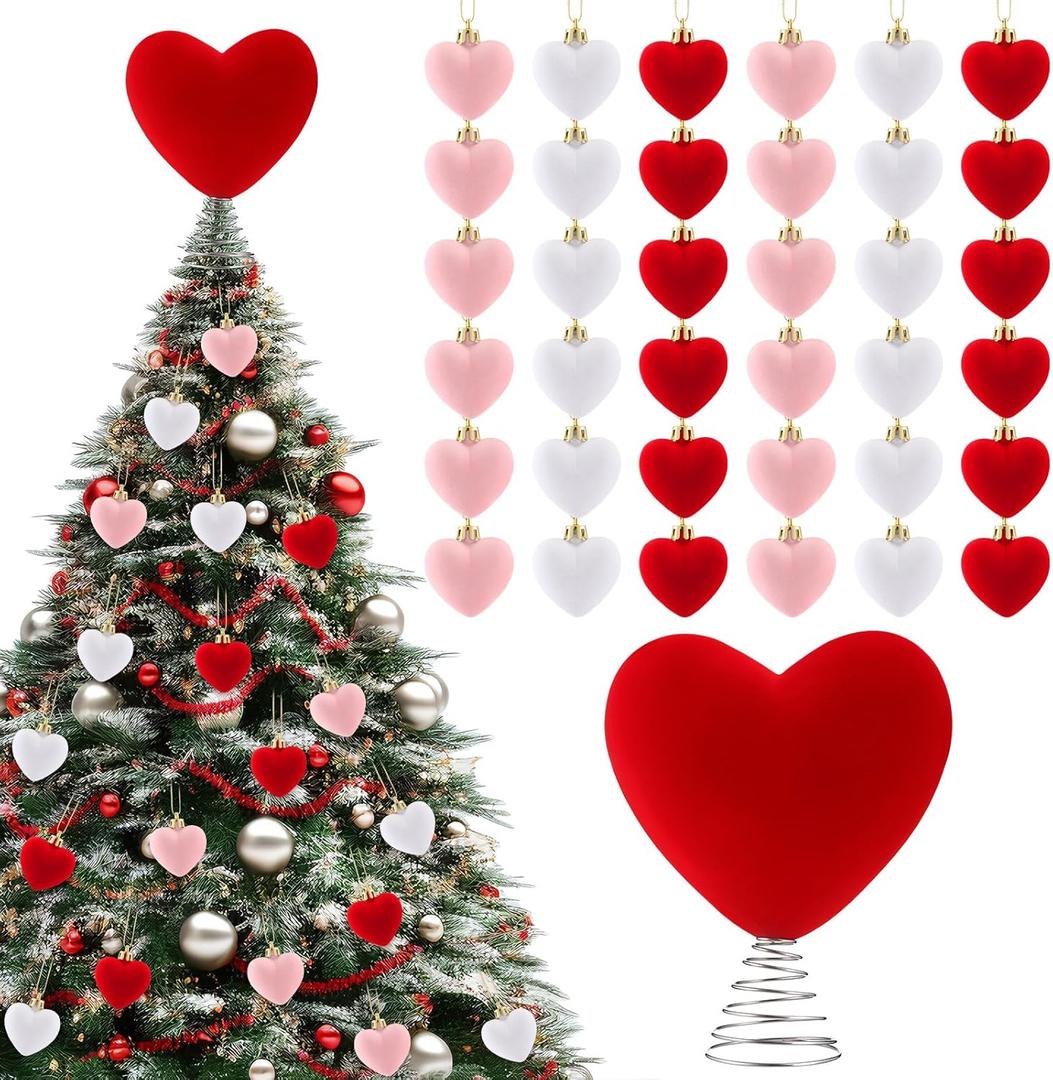 37 Pcs Valentine's Day Tree Decorations Large Heart Tree Toppers 12.2 Inch with 36 Pcs Heart Velvet Ornaments Trees Decorations for Home Valentines Party Romantic Wedding Decor