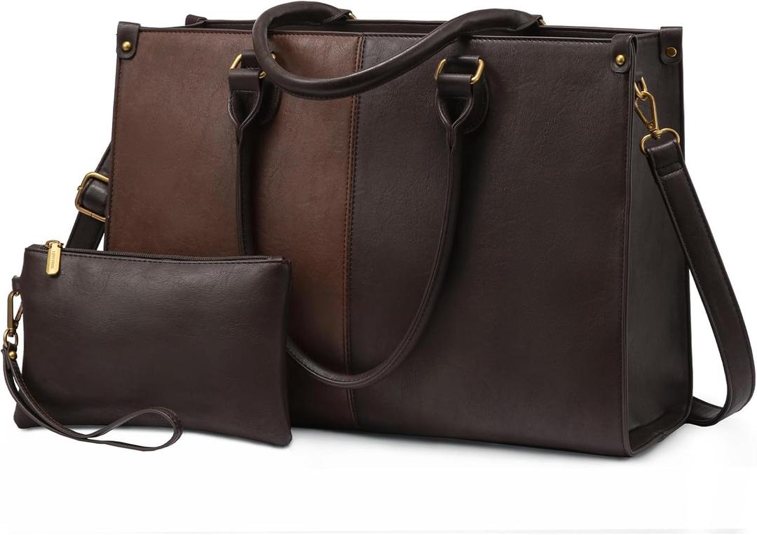 LOVEVOOK Laptop Tote Bag for Women, 15.6 Inch Large Capacity Vintage Leather Work Computer Bag, Business Casual Shoulder Handbag, Brown & Coffee