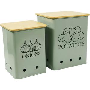 Kitchen Vegetable Storage Tins Set of 2 for Potatoes, Onion, with wooden lid Garlic Bin Caddy, Long Shelf Life-Grayish Green