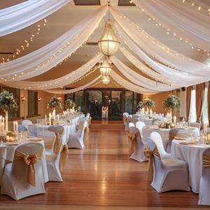 White Ceiling Drapes with Lights String for Weddings, 6 Panels 5ftx30ft Sheer Tulle Backdrop Photo Background Drapes for Wedding Ceremony Birthday Party Arch Decoration, 60"W x 360"L