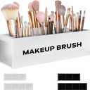 Suli Large Makeup Brush Holder Organizer, Wooden Cosmetic Brushes Storage with 4 Slots, Eyeliners Display Case for Vanity Desktop Bathroom Countertop -White