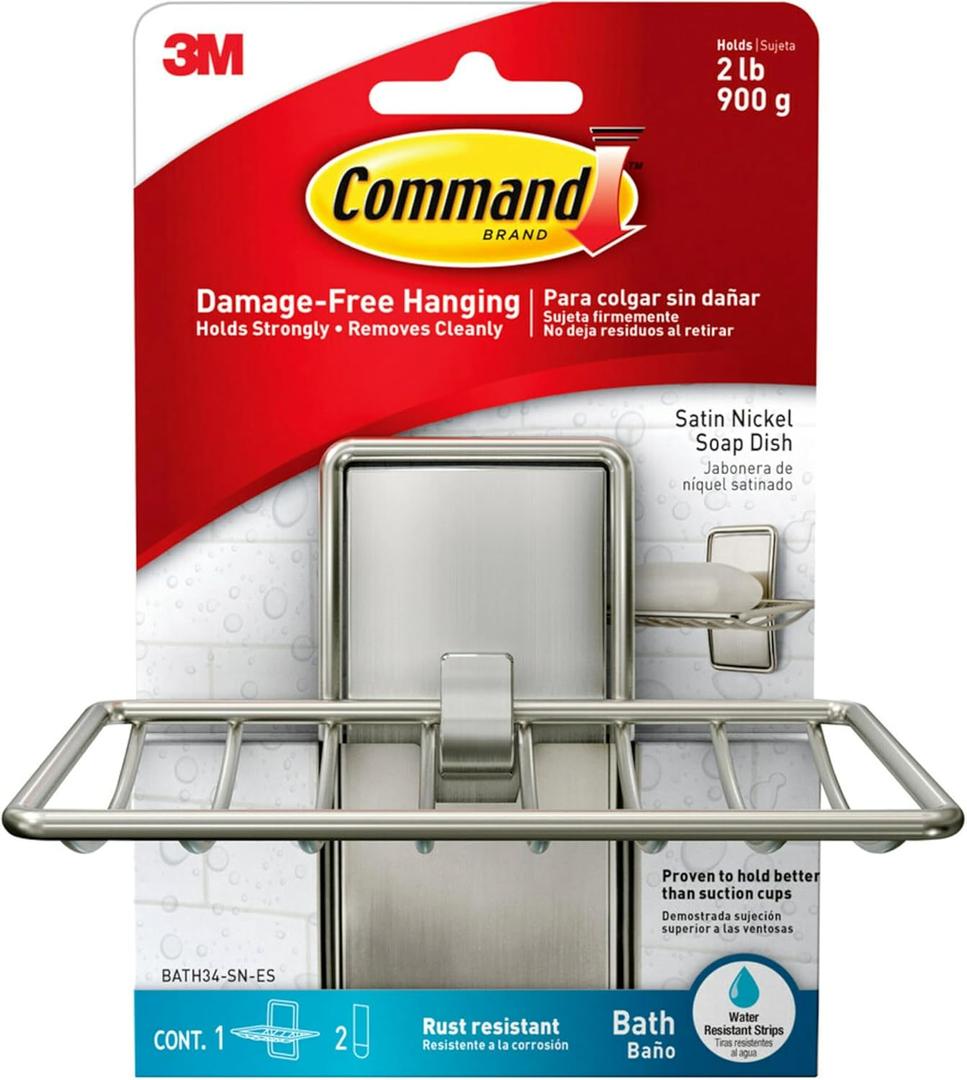 Command Soap Dish for Shower, Damage Free Hanging Bathroom, No Tools Bar Soap Holder, 1 Satin Nickel Soap Dish and 2 Water-Resistant Command Strips