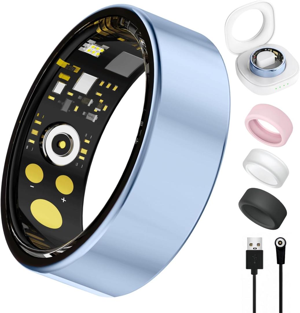 Smart Ring for Women Men, Health Tracker with Heart Rate/Blood Oxygen/Blood Pressure/Sleep Monitoring/Step Counting, IP68 Waterproof Fitness Ring, No App Fees for iPhone & Android (Blue, 8#)