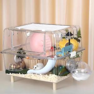 2-Floor Hamster and Guinea Pig Cage,Deluxe Rat Habitat, Acrylic Clear Transparent View Small Animal Enclosure with Slide(Transparent:17"x14"x12")