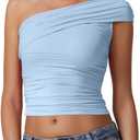 QINSEN Womens Sleeveless Foldover Top Double Lined One Shoulder T Shirts Summer Trendy Going Out Crop Tops (Small)