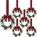 Crowye 6 Pcs Small Mini Christmas Cabinets Wreaths for Kitchen with Ribbon 10'' Hanging Artificial Green Leaves Decor Berry for Window Front Door Kitchen Wall Decor (Red and Black)