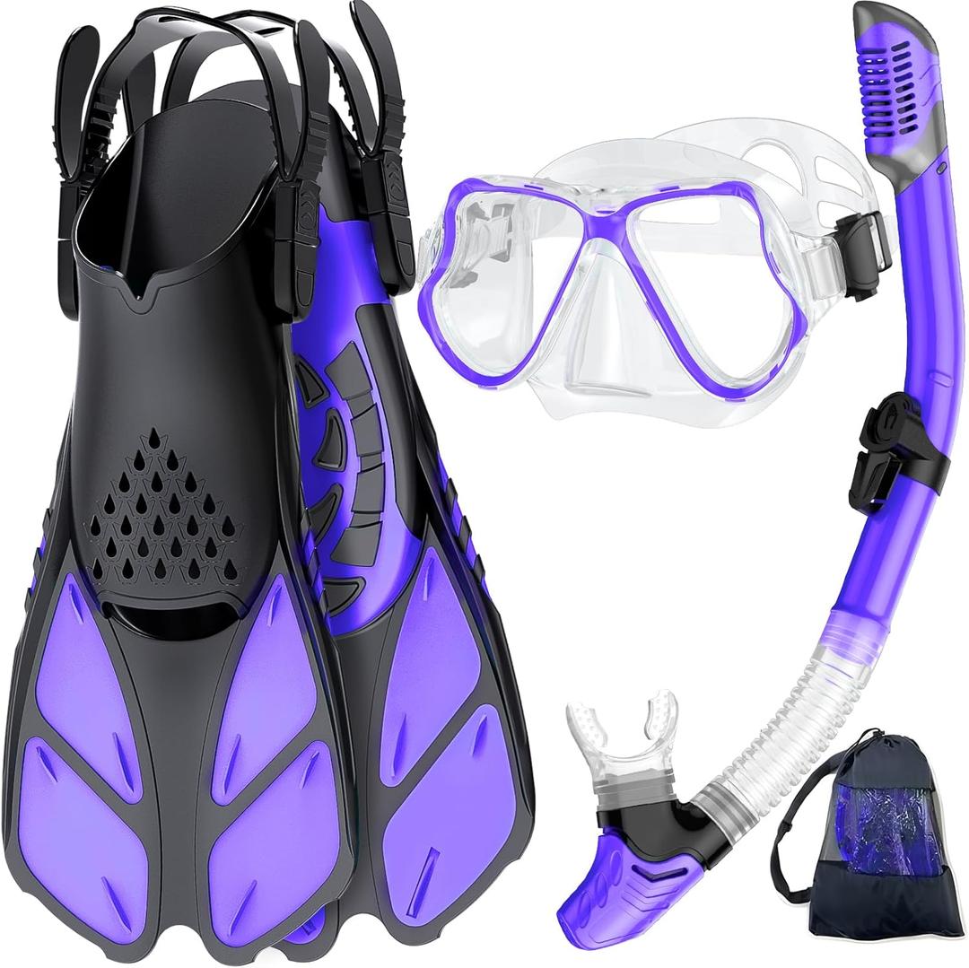 Zenoplige Mask Fins Snorkel Set, Snorkeling Gear for Adults, Panoramic View Snorkel Mask Anti-Fog, Adjustable Dive Flippers, Dry Top Snorkel and Travel Bag, Scuba Gear for Swimming Snorkeling Diving (Transparent Purple). Size S/M