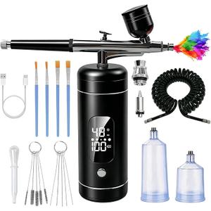 Cordless Airbrush Kit with Compressor,48 PSI High-Pressure, 6000mAh Rechargeable,3-Speed Dual-Action,0.2/0.3/0.5 mm Nozzles & 3 Cups,Non-Clogging for Cake,Models, Makeup,Painting,Nails Art (Black)