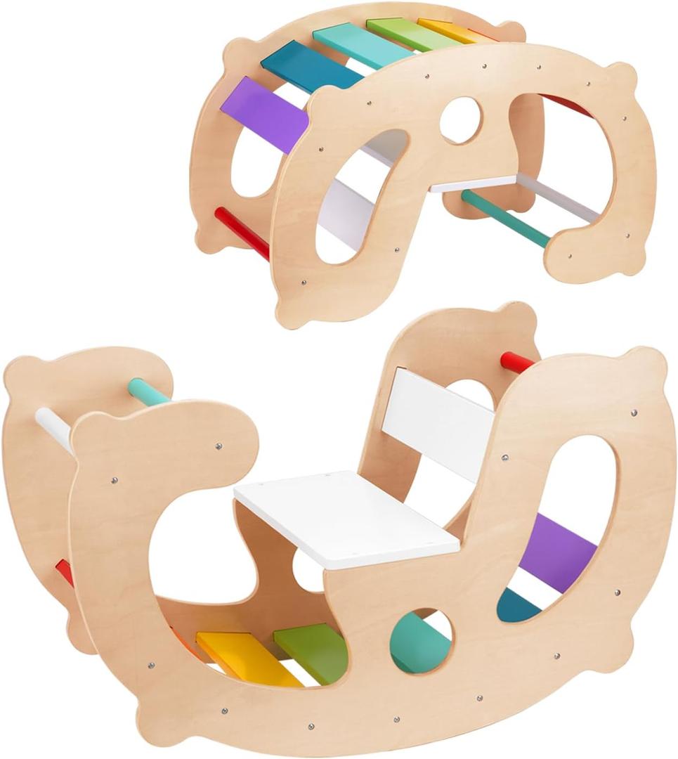 2 in 1 Rainbow Climbing Toys - Pikler Montessori Climbing Set, Wooden Rocking Horse Toy, Children Indoor Outdoor Play Gym Learning Playset, Playground for Kids Present (Medium)