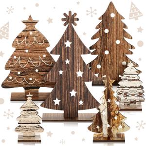 6 Pcs Wooden Christmas Trees Tabletop Decor Rustic Wood Christmas Trees Xmas Centerpieces Table Wooden Signs Farmhouse Table Home Decor for Home Office Farmhouse (Classic)