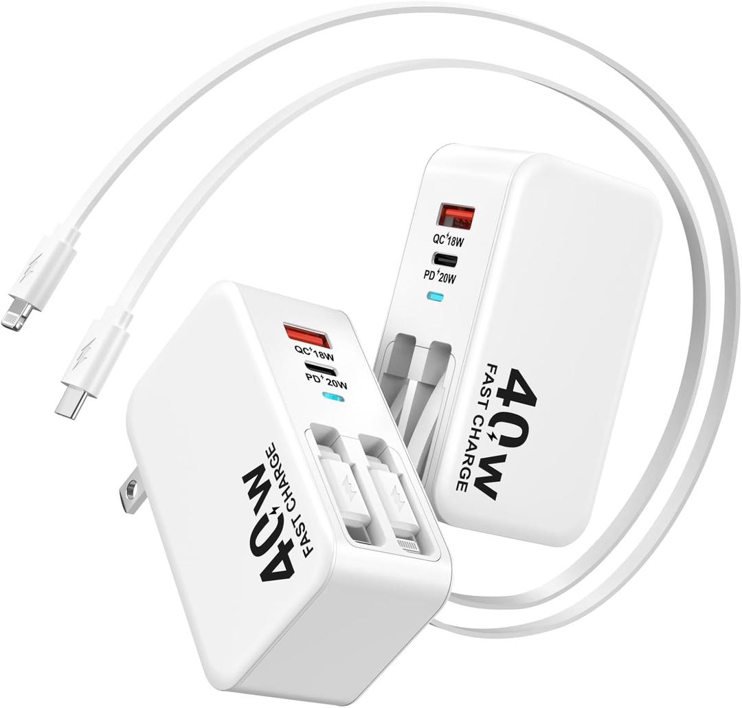 4in1 Retractable Wall Charger, 40W Retractable iPhone Charger Wall Plug with Dual 3ft Lightning + Type C Charging Cables, 4Ports USB C Charger Foldable Block for iPhone 17 16 15 14 13 12 11 8 7