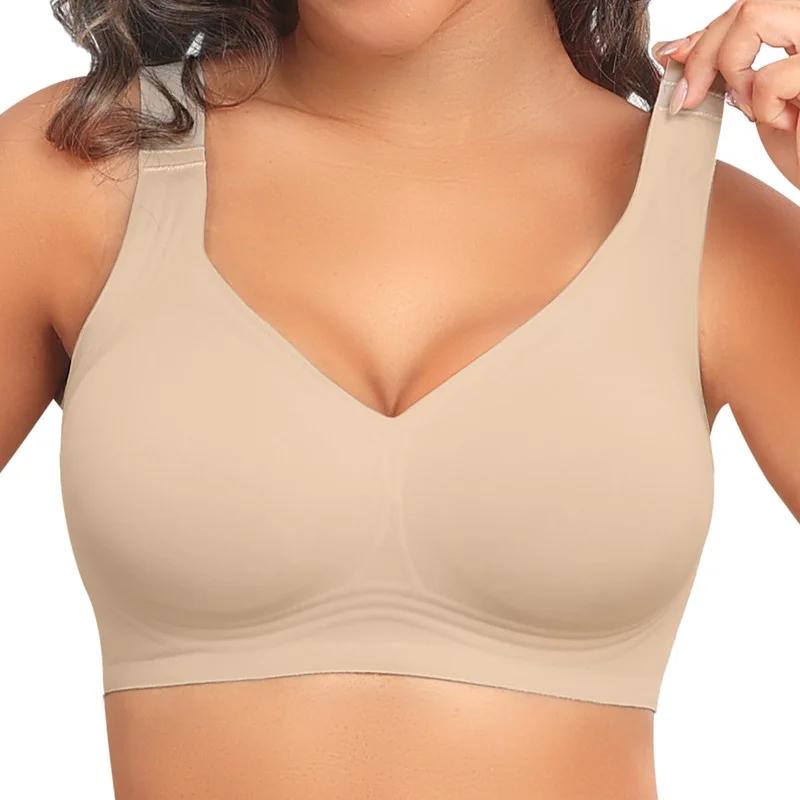 PoseFree Womens Seamless Wireless Supportive Bra Push Up Comfort Soft No Underwire Full Coverage T-Shirt Bra
(3X-Large, Nude)