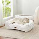 Made4Pets Cat Beds for Indoor Cats, Cat Couch Bed, Soft Faux Fur Checkered Pet Sofa, Calming Fluffy Kitten Sofa with Supportive Foam, Removable Washable Cover with Non-Slip Base, White, Small (26x20x10'')
