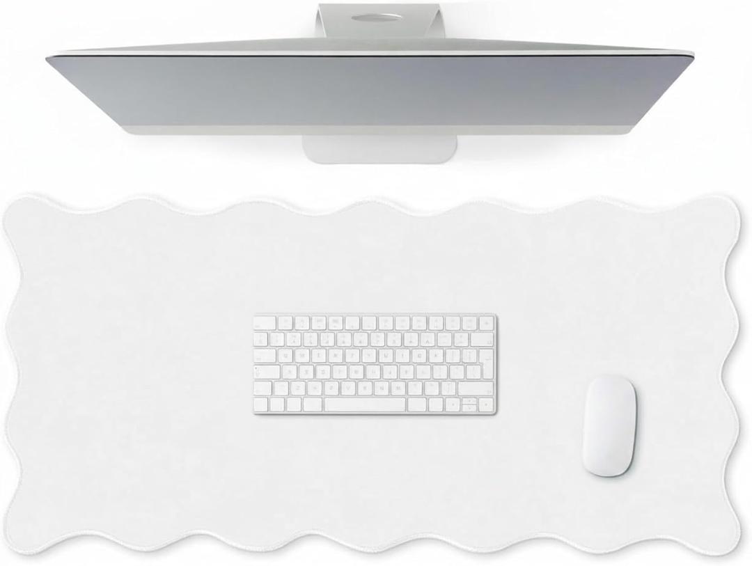 Hahafelt Scalloped Desk Mat Large Scalloped Piping Cute Desk Mat Aesthetic Preppy Table Pad Large Nonslip Pad with Edge Stitching Waterproof Gaming(White,31.5 x 15.8 Inches)