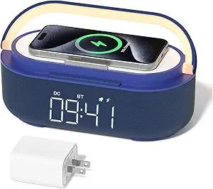 COLSUR Bluetooth Speaker Alarm Clock with Wireless Charger, FM Radio, Adjustable LED Night Light, 6 in 1 Bedroom Portable Speaker 2500mAh, Phone Stand for Bedside, Home, Office, Gift (Blue)