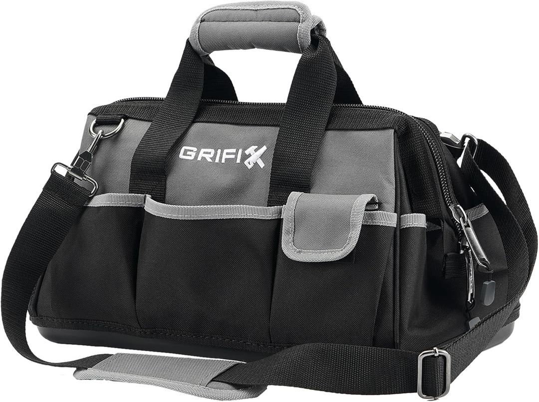 16-inch Tool Bag, Portable Tool Box Organizer Storage, Wide Mouth Tool Tote Bag with Large Zipper, 17-Pocket Adjustable Shoulder Strap and Ergonomic Handle (16" Molded Base)
