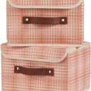 2PCS Storage Boxes with Lid 3D Textured Fabric Storage Bins Closet Organizer Containers Decorative Collapsible Washable Shelf Baskets with Faux Leather Handles (Light Salmon, Small Size)