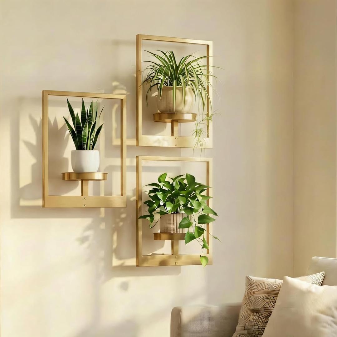 Picture Frame Wall Planters Set of 3, Modern Metal Hanging Shelves for Plants, Rustproof Wall Mount Flower Pot Holder for Indoor Outdoor, Decorative Plant Stand for Living Room Patio, Gold
