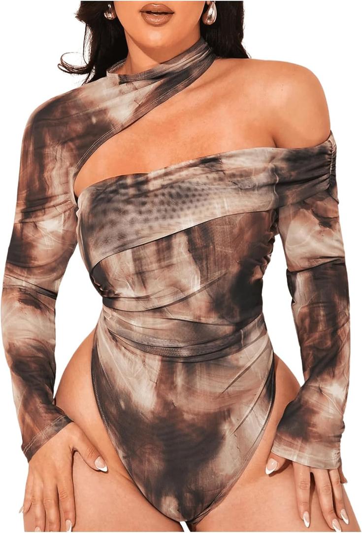 Floerns Women's Plus Size Tie Dye Asymmetrical Neck Long Sleeve T Shirts Bodysuit Tops (L Plus, Brown)