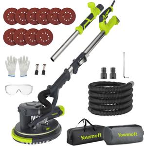 Drywall Sander with Vacuum Dust Collector, 880W Popcorn Ceiling Removal Tool with 5 Variable Speed & LED Light, 1000-2100 RPM Electric Sander for Drywall with 9 Sanding Discs & Attachments