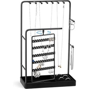 ProCase Jewelry Stand Holder Organizer, Jewelry Display Storage with Ring Tray, Rotating Earring Bracelet Necklace Holder, Valentine's Gifts Room Dorm Decor for Teen Girls -Black (No-Assembly)