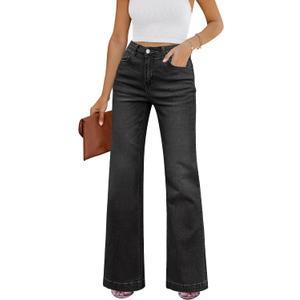 GRAPENT Flare Jeans for Women High Rise Wide Leg Baggy Stretchy Denim Pants (Black, S)