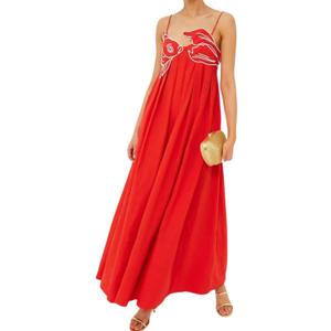Womens Koi Fish Sleeveless Long Strap Dress High Waist 3D Fish Maxi Cami Dress (Medium, Red)