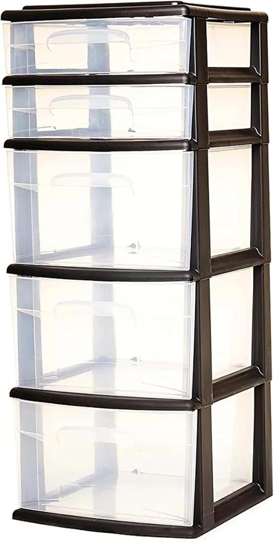 HOMZ Drawer Tower, 5-Tier Clear Plastic Storage Organizer, Black Frame