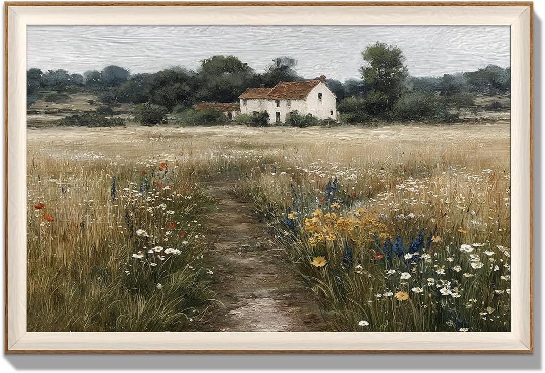 LAIART Framed Canvas Wall Art, Flowers on the Meadow, Modern Farmhouse Decoration, Rustic Landscape Canvas Print 16x24 inches